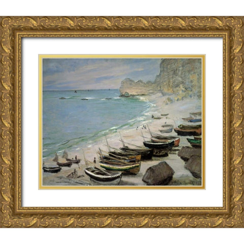 Boats on the Beach at Etretat, 1883 Gold Ornate Wood Framed Art Print with Double Matting by Monet, Claude