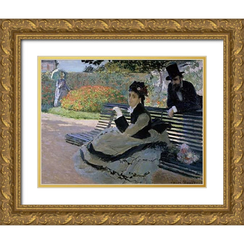 Camille Monet on a Garden Bench Gold Ornate Wood Framed Art Print with Double Matting by Monet, Claude