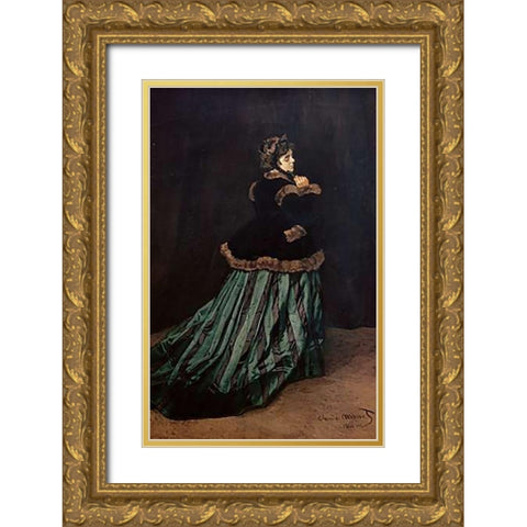 Camille, the Woman in Green Gold Ornate Wood Framed Art Print with Double Matting by Monet, Claude