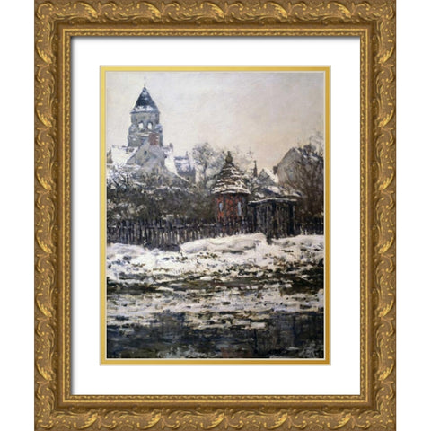 Church at Vetheuil, Winter Gold Ornate Wood Framed Art Print with Double Matting by Monet, Claude