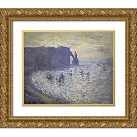 Cliffs at Etretat Gold Ornate Wood Framed Art Print with Double Matting by Monet, Claude