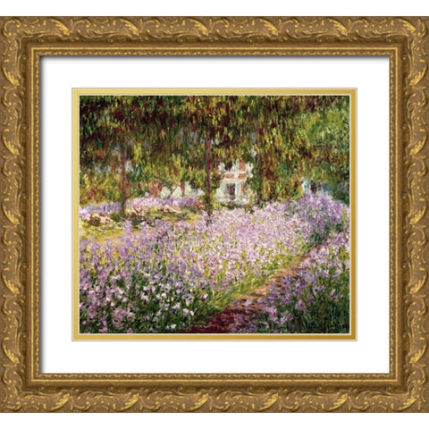 Garden at Giverny Gold Ornate Wood Framed Art Print with Double Matting by Monet, Claude