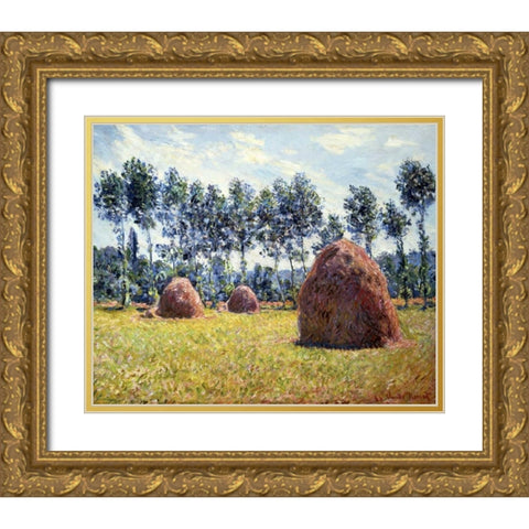 Haystacks at Giverny Gold Ornate Wood Framed Art Print with Double Matting by Monet, Claude