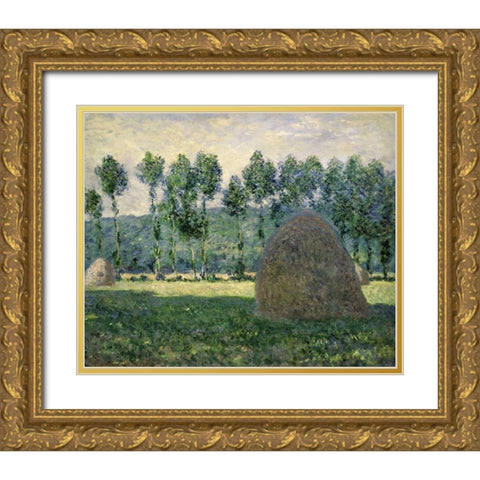 Haystacks Near Giverny Gold Ornate Wood Framed Art Print with Double Matting by Monet, Claude