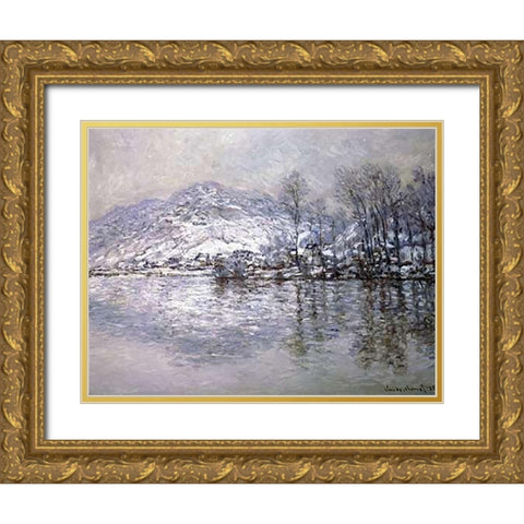 The Seine at Port-Villez, Snow Effect Gold Ornate Wood Framed Art Print with Double Matting by Monet, Claude