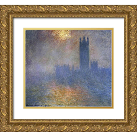 London Parliament - Patch of Sun in the Fog Gold Ornate Wood Framed Art Print with Double Matting by Monet, Claude