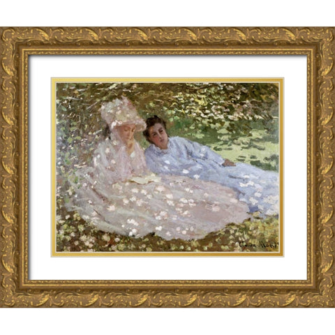 Madame Monet in the Garden Gold Ornate Wood Framed Art Print with Double Matting by Monet, Claude