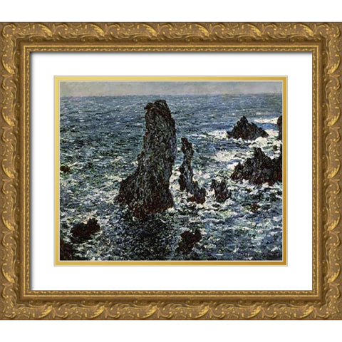 Rocks at Belle Isle Gold Ornate Wood Framed Art Print with Double Matting by Monet, Claude