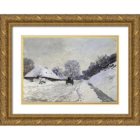 Snow-Covered Road at Honfleur Gold Ornate Wood Framed Art Print with Double Matting by Monet, Claude