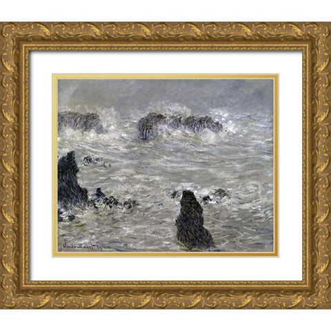 Storm Off the Coast of Belle Isle Gold Ornate Wood Framed Art Print with Double Matting by Monet, Claude