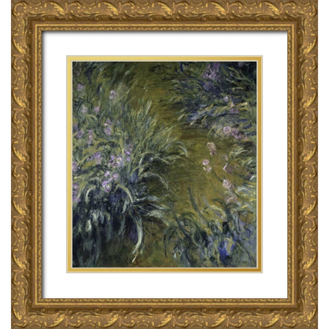 The Path Through the Irises Gold Ornate Wood Framed Art Print with Double Matting by Monet, Claude
