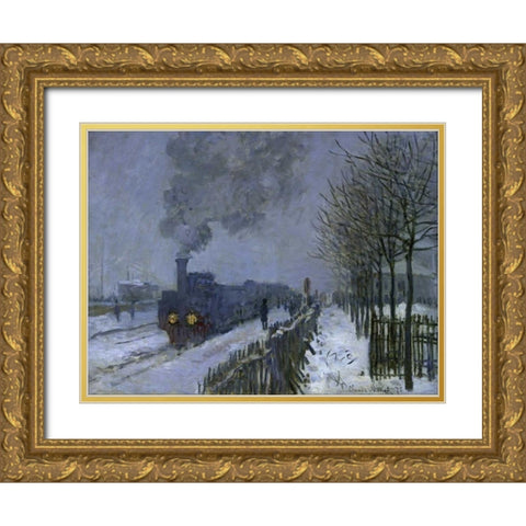 Train in the Snow, 1875 Gold Ornate Wood Framed Art Print with Double Matting by Monet, Claude