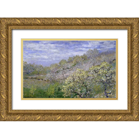 Trees in Bloom - Arbres en fleurs Gold Ornate Wood Framed Art Print with Double Matting by Monet, Claude