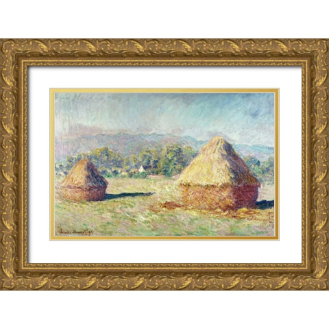 Two Haystacks Gold Ornate Wood Framed Art Print with Double Matting by Monet, Claude