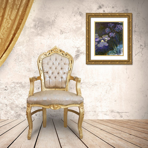Water Lilies and Agapanthus Gold Ornate Wood Framed Art Print with Double Matting by Monet, Claude