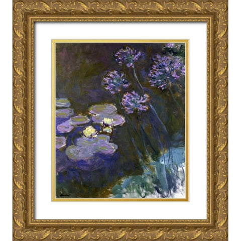 Water Lilies and Agapanthus Gold Ornate Wood Framed Art Print with Double Matting by Monet, Claude