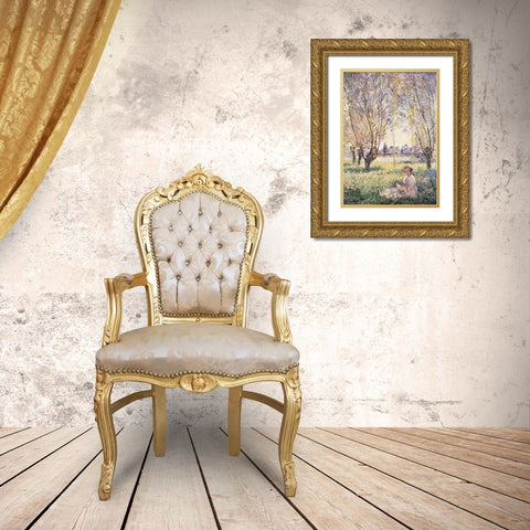 Woman Seated under the Willows Gold Ornate Wood Framed Art Print with Double Matting by Monet, Claude