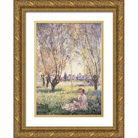 Woman Seated under the Willows Gold Ornate Wood Framed Art Print with Double Matting by Monet, Claude