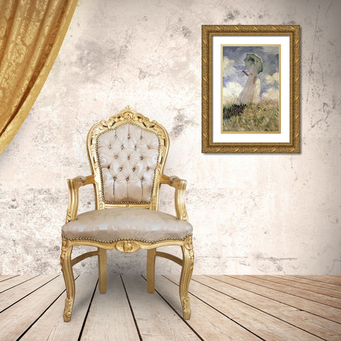 Woman with a Parasol Turned to the Left, 1886 Gold Ornate Wood Framed Art Print with Double Matting by Monet, Claude