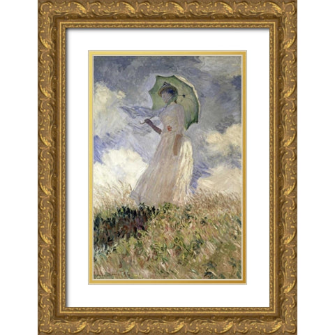 Woman with a Parasol Turned to the Left, 1886 Gold Ornate Wood Framed Art Print with Double Matting by Monet, Claude