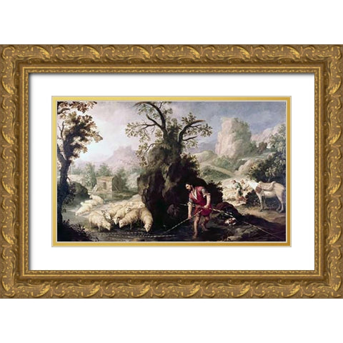Allegory-Jacob Laying The Peeled Rods Gold Ornate Wood Framed Art Print with Double Matting by Murillo, Bartolome Esteban