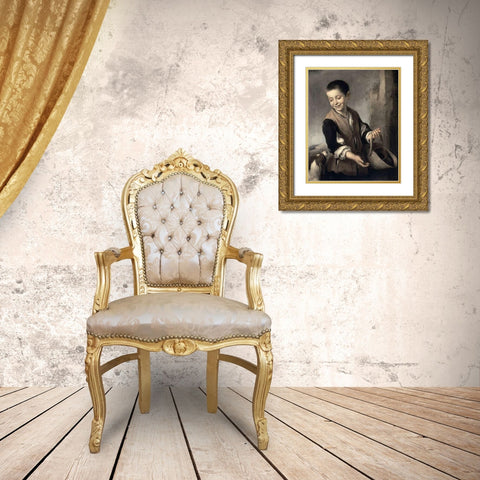 Boy With a Dog Gold Ornate Wood Framed Art Print with Double Matting by Murillo, Bartolome Esteban