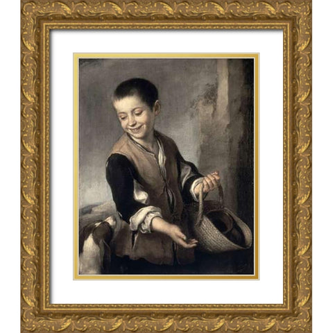 Boy With a Dog Gold Ornate Wood Framed Art Print with Double Matting by Murillo, Bartolome Esteban