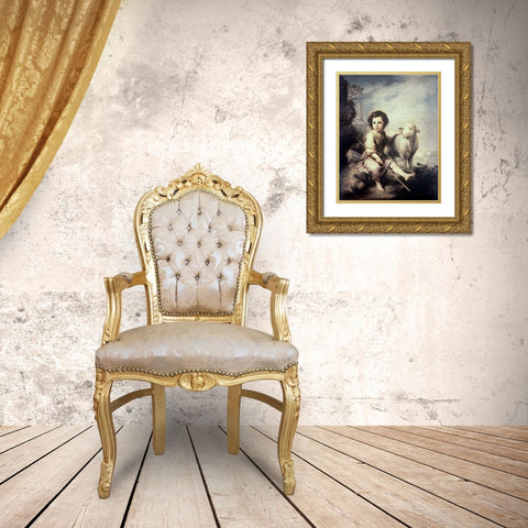 Museumist Child As Shepherd Gold Ornate Wood Framed Art Print with Double Matting by Murillo, Bartolome Esteban
