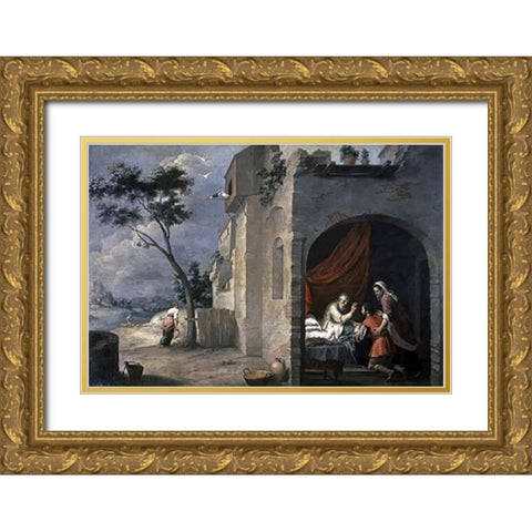 Isaac Blesses Jacob Gold Ornate Wood Framed Art Print with Double Matting by Murillo, Bartolome Esteban