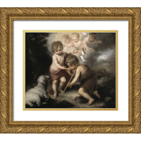 Jesus and John The Baptist: Children W/ Shell Gold Ornate Wood Framed Art Print with Double Matting by Murillo, Bartolome Esteban