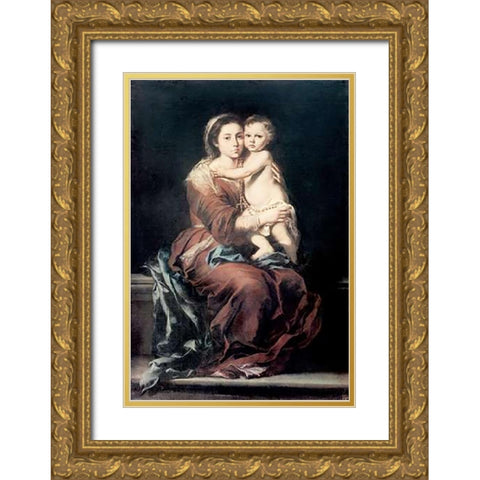 Madonna and The Rosary #1 Gold Ornate Wood Framed Art Print with Double Matting by Murillo, Bartolome Esteban