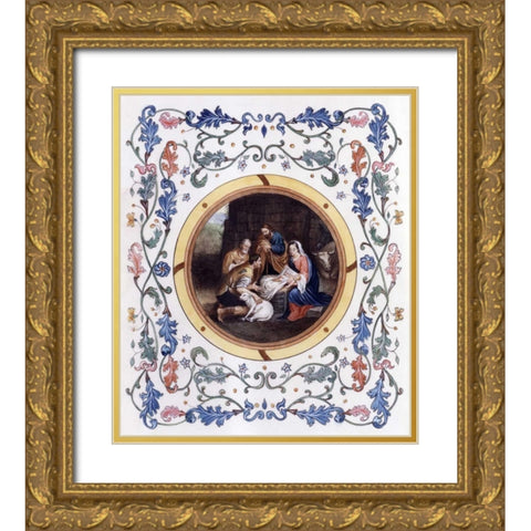 Nativity With Illuminated Border Gold Ornate Wood Framed Art Print with Double Matting by Murillo, Bartolome Esteban