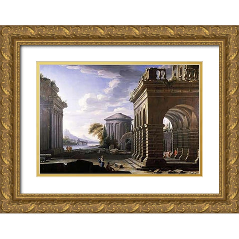 Architectural Study Gold Ornate Wood Framed Art Print with Double Matting by Panini, Giovanni Paolo