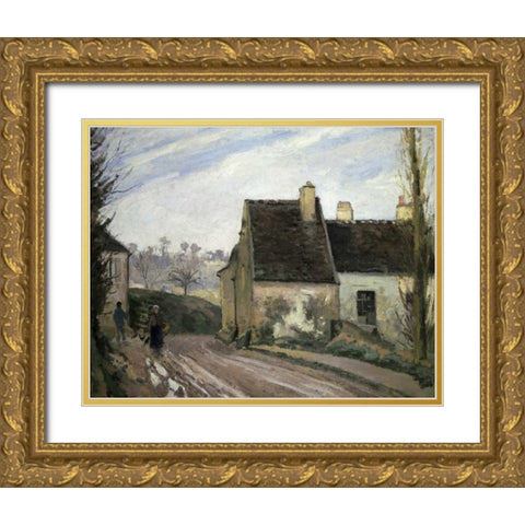 Les Masures Pres D Osny Gold Ornate Wood Framed Art Print with Double Matting by Pissarro, Camille