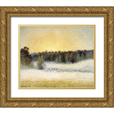Sunset and Fog at Eragny Gold Ornate Wood Framed Art Print with Double Matting by Pissarro, Camille