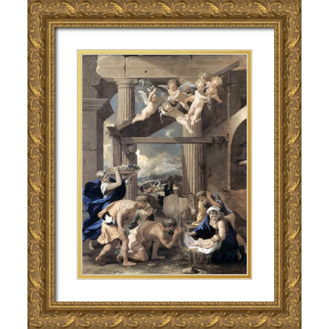 Adoration of The Shepherds Gold Ornate Wood Framed Art Print with Double Matting by Poussin, Nicolas