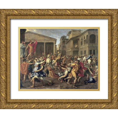 Rape of The Sabines Gold Ornate Wood Framed Art Print with Double Matting by Poussin, Nicolas