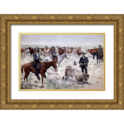 Branding a Steer Gold Ornate Wood Framed Art Print with Double Matting by Remington, Frederic