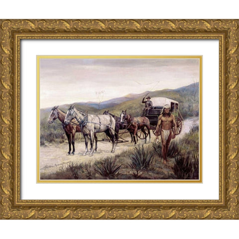 Halted Stagecoach Gold Ornate Wood Framed Art Print with Double Matting by Remington, Frederic