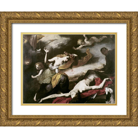 Death of Adonis Gold Ornate Wood Framed Art Print with Double Matting by Ribera, Jusepe de
