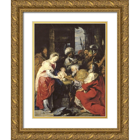 Adoration of the Kings Gold Ornate Wood Framed Art Print with Double Matting by Rubens, Peter Paul