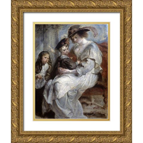 Helena Fourment and Children Gold Ornate Wood Framed Art Print with Double Matting by Rubens, Peter Paul