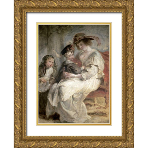 Helena Fourment and Her Children, Claire-Jeanne and Francois Gold Ornate Wood Framed Art Print with Double Matting by Rubens, Peter Paul