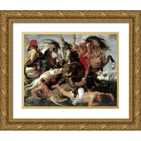 Hippo Hunt Gold Ornate Wood Framed Art Print with Double Matting by Rubens, Peter Paul