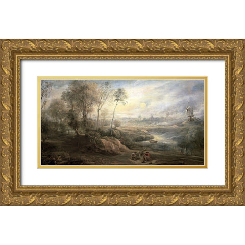 Landscape With a Bird-Catcher Gold Ornate Wood Framed Art Print with Double Matting by Rubens, Peter Paul