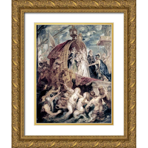 Marie De Medici Arrives In Marseilles Gold Ornate Wood Framed Art Print with Double Matting by Rubens, Peter Paul
