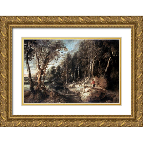 Shepherd With His Flock Gold Ornate Wood Framed Art Print with Double Matting by Rubens, Peter Paul