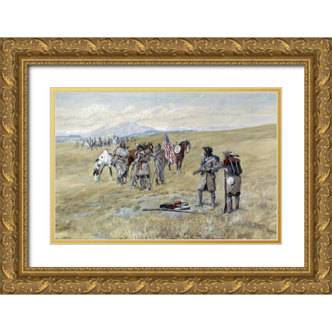 Captain Meriwether Lewis Meeting The Shoshones Gold Ornate Wood Framed Art Print with Double Matting by Russell, Charles M.