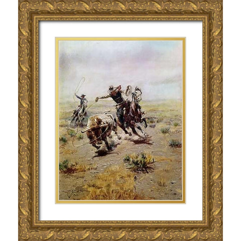 Cowboy Roping a Steer Gold Ornate Wood Framed Art Print with Double Matting by Russell, Charles