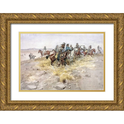 Cowboys Gold Ornate Wood Framed Art Print with Double Matting by Russell, Charles M.